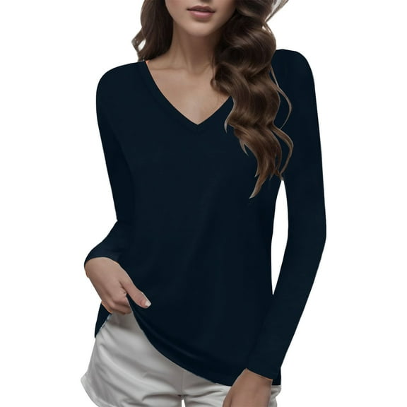 Towmus Women Shirts V Neck Short Ladies Long Sleeve Tee Shirts Basic Tops