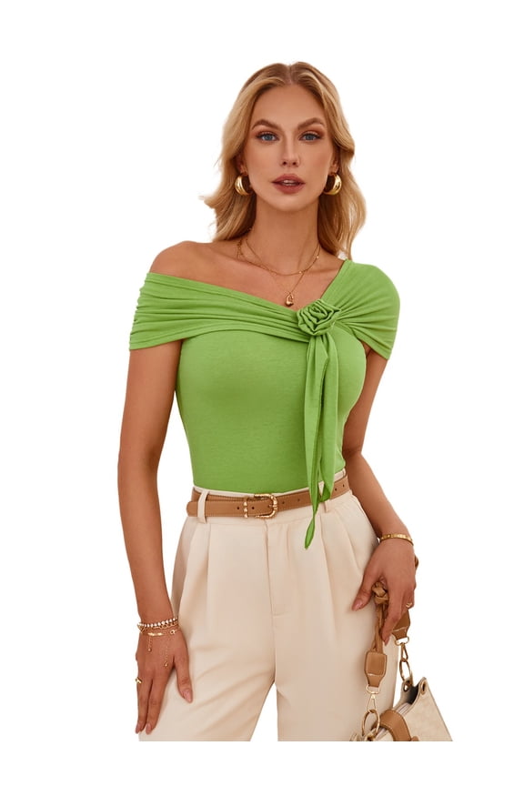 Women Summer Tops Off Shoulder Blouse 3d Flower One Shoulder Slim Fit Ruffl Asymmetrical Party Crop Tank Top