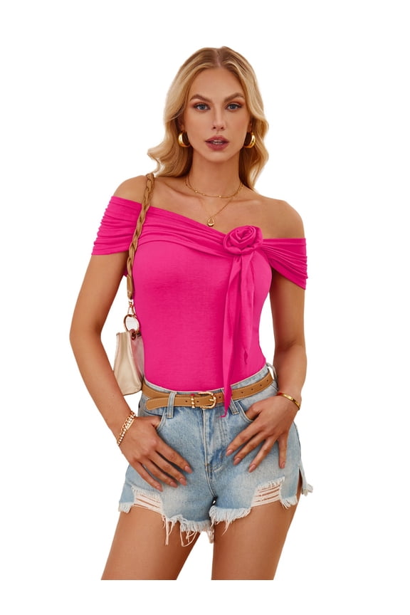 Women Summer Tops Off Shoulder Blouse 3d Flower One Shoulder Slim Fit Ruffl Asymmetrical Party Crop Tank Top