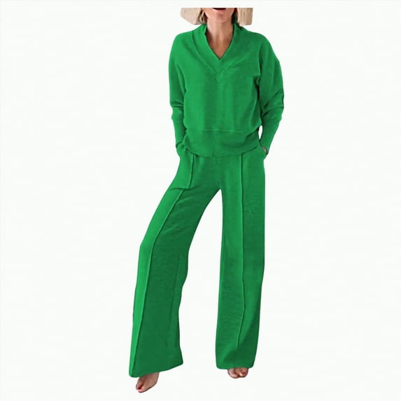 Towmus Women's 2 Piece Lounge Sets Casual Fall Travel Outfits Fashion Wide Leg Tracksuit V Neck Loungewear Baggy Comfy Sweatsuits, Green, M