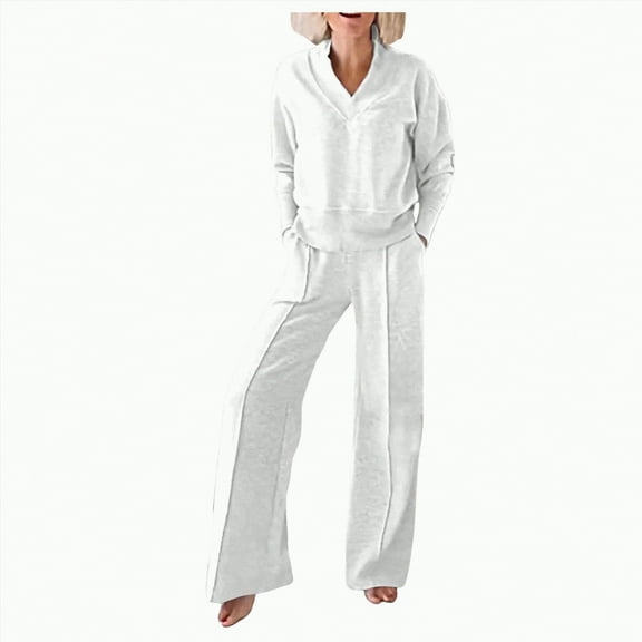 Towmus Women's 2 Piece Lounge Sets Casual Fall Travel Outfits Fashion Wide Leg Tracksuit V Neck Loungewear Baggy Comfy Sweatsuits, White, M
