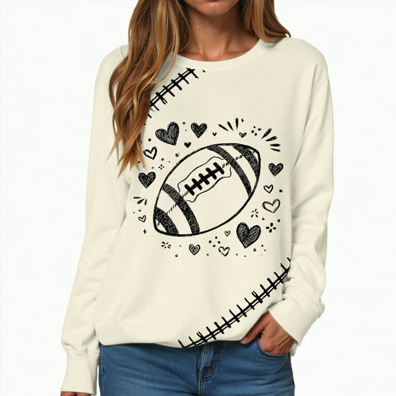 Towmus Women's 2025 Autumn Winter Casual Rugby and Love Printed Crewneck Long Sleeve Sweatshirt Loose Pullover Tops