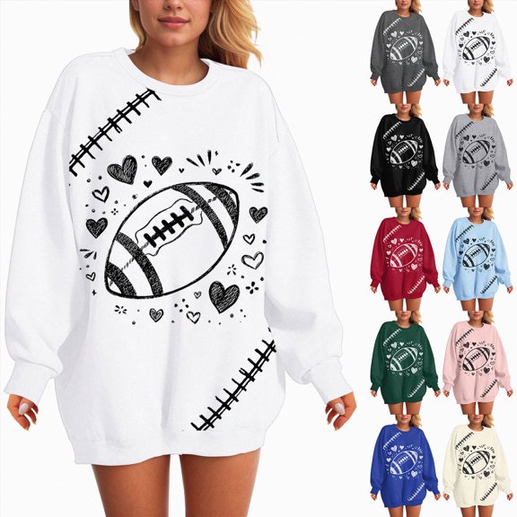 Towmus Women's 2025 Autumn Winter Casual Rugby and Love Printed Crewneck Long Sleeve Sweatshirt Loose Pullover Tops