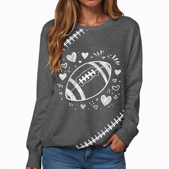 Towmus Women's 2025 Autumn Winter Casual Rugby and Love Printed Crewneck Long Sleeve Sweatshirt Loose Pullover Tops