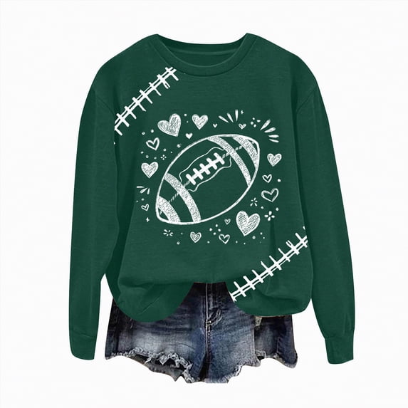 Towmus Women's 2025 Autumn Winter Casual Rugby and Love Printed Crewneck Long Sleeve Sweatshirt Loose Pullover Tops