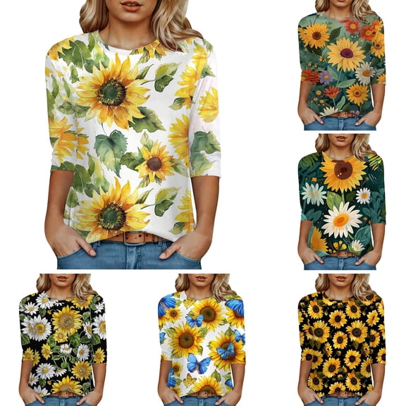 Towmus Women's 3/4 Length Sleeve Summer Tops Crew Neck Womens Casual Tops Summer Print Shirts Elbow Length Women Tshirts Loose Fit