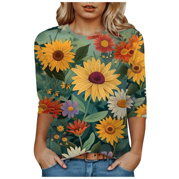 Towmus Women's 3/4 Length Sleeve Summer Tops Crew Neck Womens Casual Tops Summer Print Shirts Elbow Length Women Tshirts Loose Fit