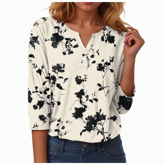 Towmus Women's 3/4 Sleeve Button Down Shirt V Neck Top Lightweight Boho Print Fall Casual Long Sleeve TShirts Loose Tops