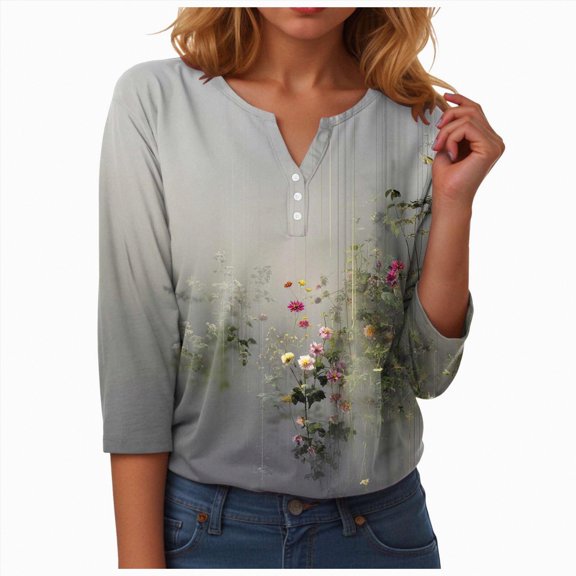 Towmus Women's 3/4 Sleeve Button Down Shirt V Neck Top Lightweight Boho Print Fall Casual Long Sleeve TShirts Loose Tops