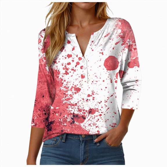 Towmus Women's 3/4 Sleeve Halloween Plus Size Button Up Shirt Trendy Graffiti Graphic Fall Tops Women Blouses Funny Tshirt