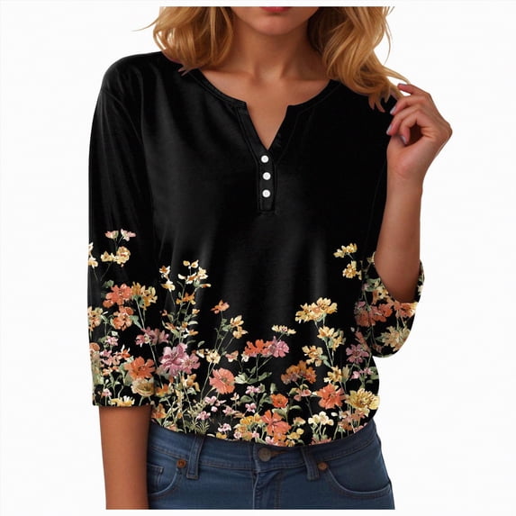 Towmus Women's 3/4 Sleeve Summer Tops Plus Size Button Down Shirts Loose Fit V Neck Casual Tops Lightweight Blouse for Women