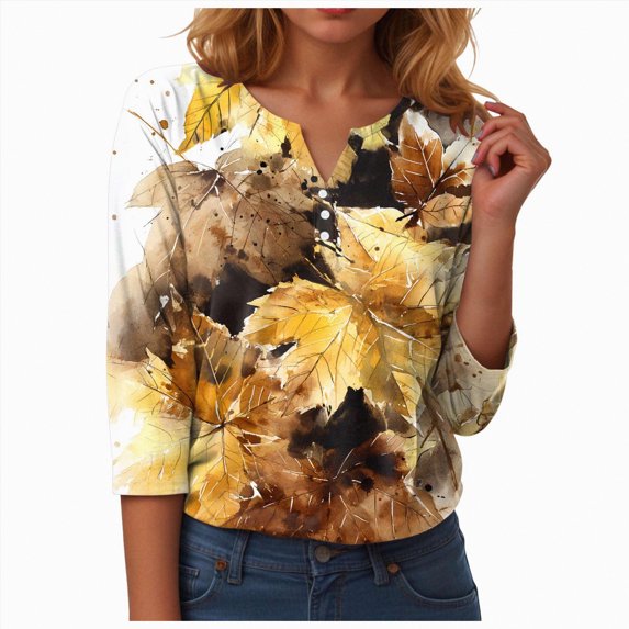 Towmus Women's 3/4 Sleeve Summer Tops Plus Size Button Down Shirts Loose Fit V Neck Casual Tops Lightweight Blouse for Women