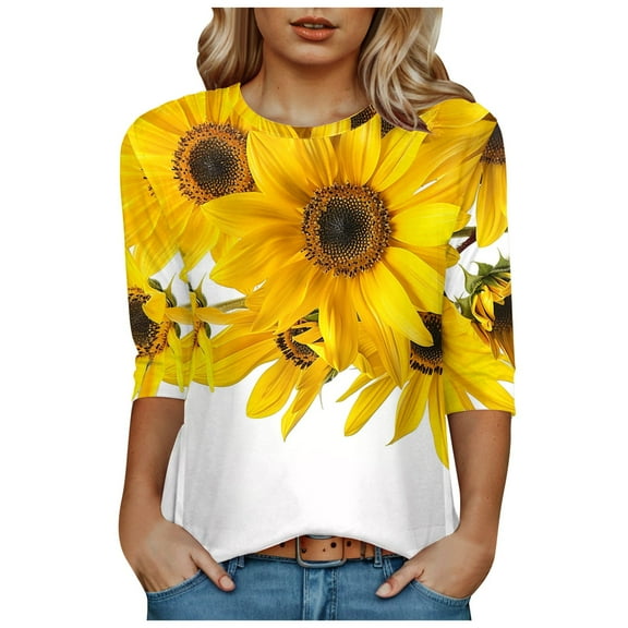 Towmus Women's 3/4 Sleeve Summer Tops Plus Size T Shirts Loose Fit Crew Neck Casual Tops Summer Sunflower Print Shirts Elbow Length Graphic Tees