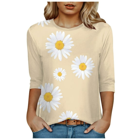 Towmus Women's 3/4 Sleeve Summer Tops Plus Size T Shirts Loose Fit Crew Neck Casual Tops Summer Sunflower Print Shirts Elbow Length Graphic Tees