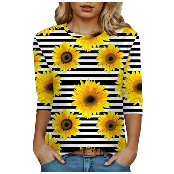 Towmus Women's 3/4 Sleeve Summer Tops Plus Size T Shirts Loose Fit Crew Neck Casual Tops Summer Sunflower Print Shirts Elbow Length Graphic Tees