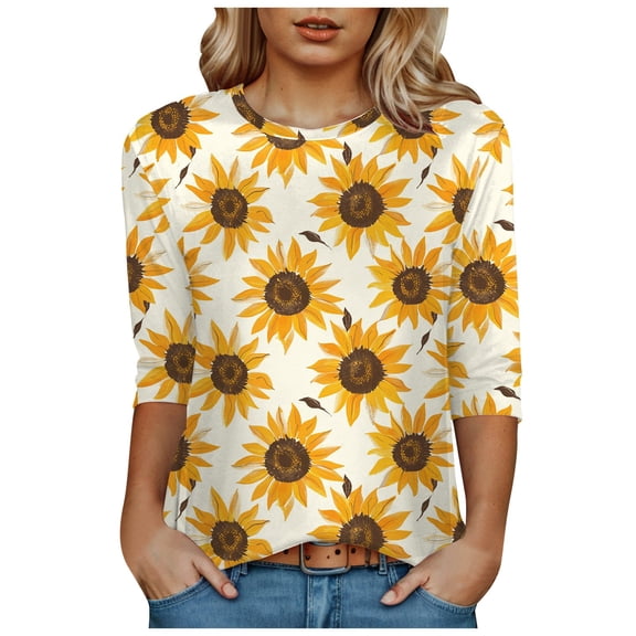 Towmus Women's Blouses 3/4 Sleeve Summer Tops Crew Neck Womens Trendy Tops Summer Print Shirts Elbow Length Women Tshirts Loose Fit