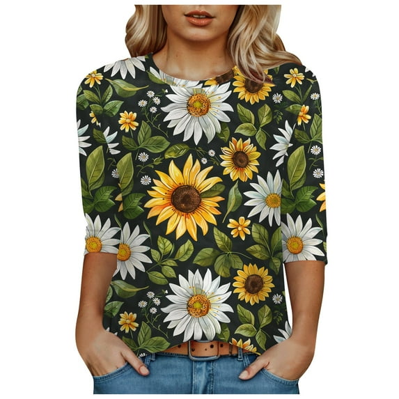 Towmus Women's Blouses 3/4 Sleeve Summer Tops Crew Neck Womens Trendy Tops Summer Print Shirts Elbow Length Women Tshirts Loose Fit