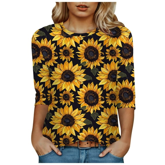 Towmus Women's Blouses 3/4 Sleeve Summer Tops Crew Neck Womens Trendy Tops Summer Print Shirts Elbow Length Women Tshirts Loose Fit