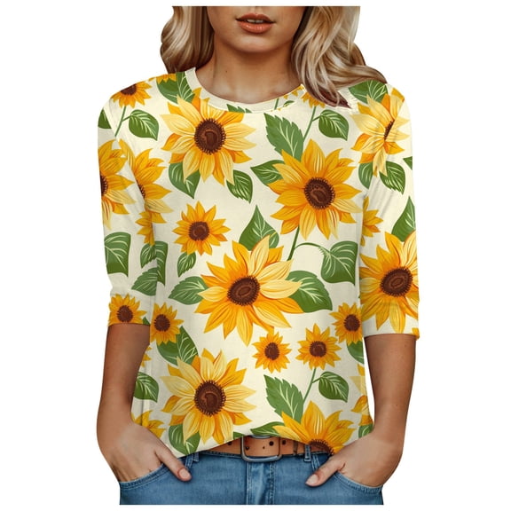 Towmus Women's Blouses 3/4 Sleeve Summer Tops Crew Neck Womens Trendy Tops Summer Print Shirts Elbow Length Women Tshirts Loose Fit