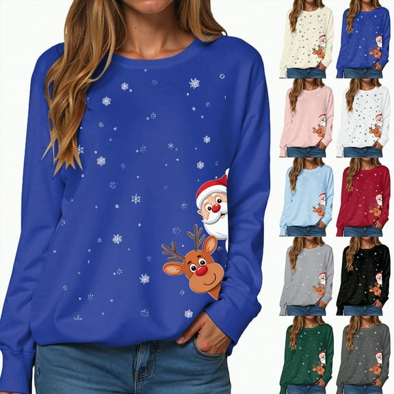 Towmus Women's Casual Crew Neck Graphic Sweatshirt Christmas Printed Long Sleeve Loose Fit Fall Pullover Tops