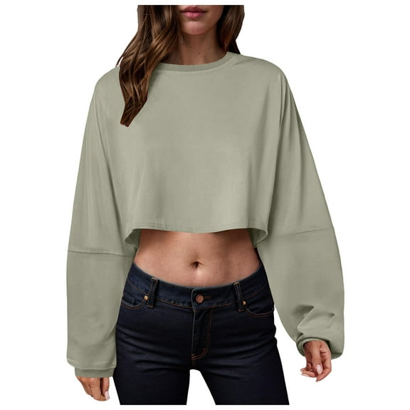 Towmus Women's Casual Long Sleeve Cropped Sweatshirts for Women Oversized Crewneck Pullover Shirt Long Sleeve Tops Fall Winter Clothes