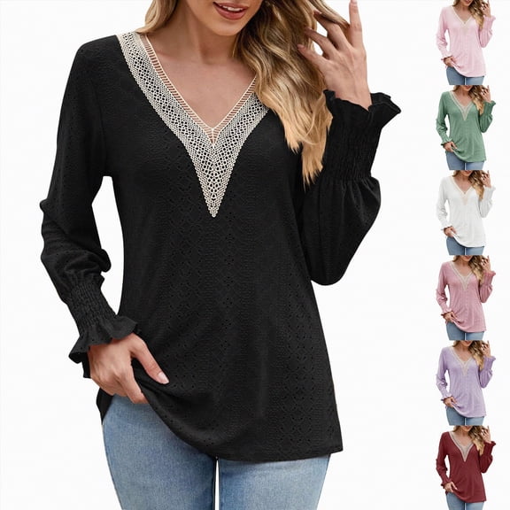 Towmus Women's Casual Long Sleeve Lace V Neck Layers Mesh Tunic Tops Trendy Elegant Dressy Blouses, Black, S