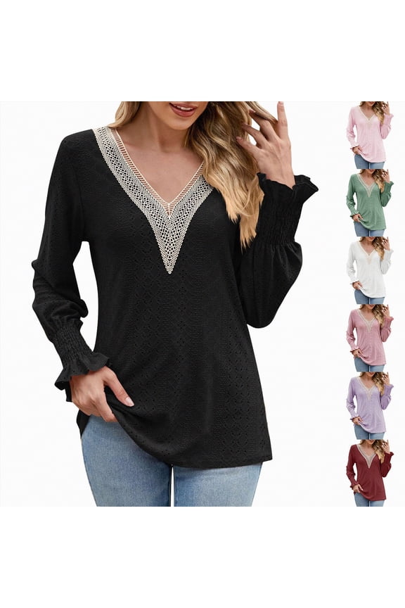 Women's Casual Long Sleeve Lace V Neck Layers Mesh Tunic Tops Trendy Elegant Dressy Blouses, Black, XL