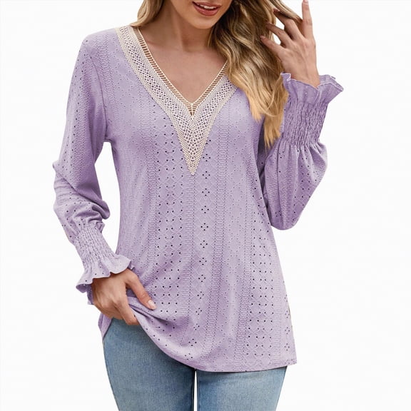 Towmus Women's Casual Long Sleeve Lace V Neck Layers Mesh Tunic Tops Trendy Elegant Dressy Blouses, Purple, S