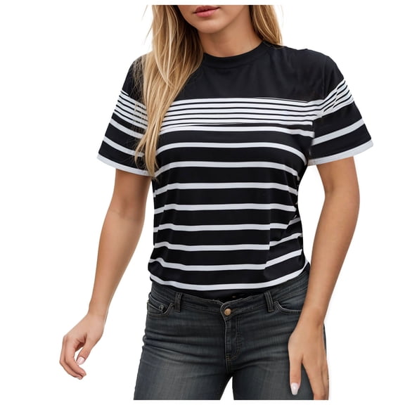 Towmus Women's Casual Striped Crew Neck Short Sleeve Basic T Shirts Tee Summer Tops