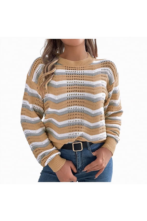 Women's Crochet Sweaters Crew Neck Long Sleeve Casual Hollow Out Cotton Pullover Knit Tops