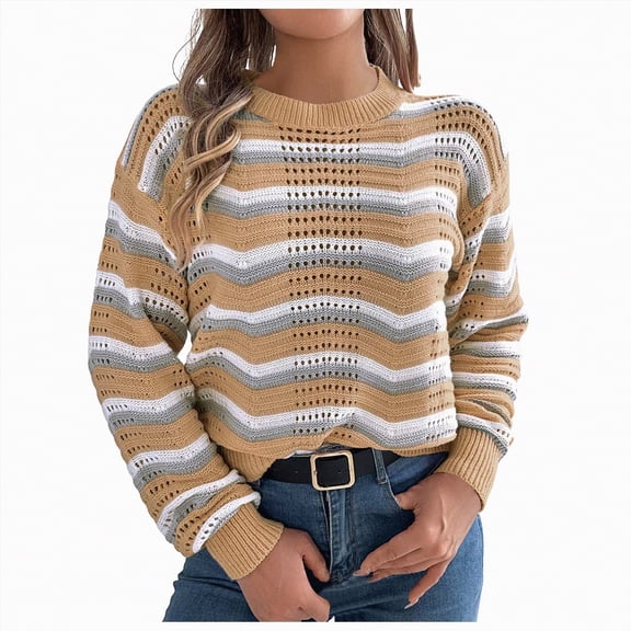 Towmus Women's Crochet Sweaters Crew Neck Long Sleeve Casual Hollow Out Cotton Pullover Knit Tops