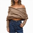 thumbnail image 1 of Towmus Women’s Fall Fashion Long Sleeve Off Shoulder V Neck Pullover Tops Asymmetric Hem Knit Cropped Sweater ,Brown ,L, 1 of 5