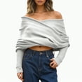 thumbnail image 1 of Towmus Women’s Fall Fashion Long Sleeve Off Shoulder V Neck Pullover Tops Asymmetric Hem Knit Cropped Sweater ,Grey ,M, 1 of 5