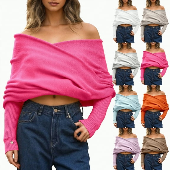 Towmus Women’s Fall Fashion Long Sleeve Off Shoulder V Neck Pullover Tops Asymmetric Hem Knit Cropped Sweater ,Hot Pink ,L