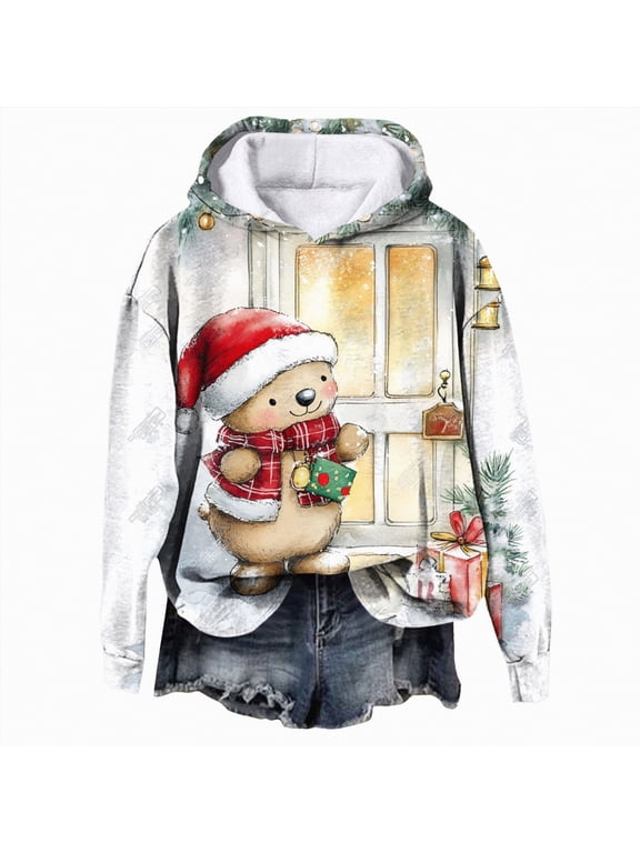 Women's Graphic Hoodies Oversized Sweatshirts Couple Cute 3D Santa Print Hooded Pullover Tops Cute Fall Clothes