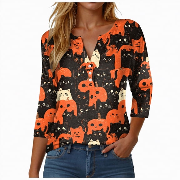 Towmus Women's Halloween 3/4 Sleeve Button Down V Neck Shirt Cute Pumpkin & Ghost Print Thanksgiving Loose Fit Lightweight Blouse for Women