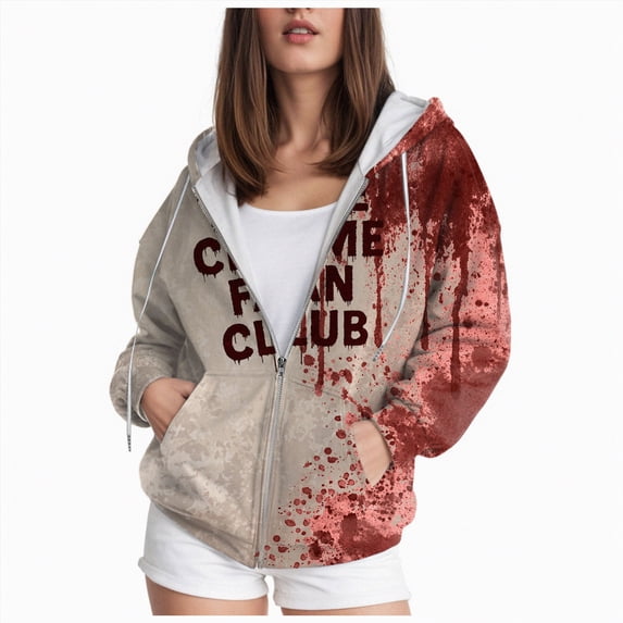 Towmus Women's Halloween Hoodies Tie-Dye Letter Printed Zip Up Drawstring Hooded Jackets With Pockets, Long Sleeve, XS-6XL