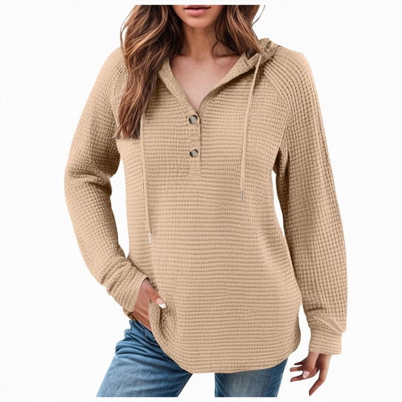 Towmus Women's Hoodie Oversized Waffle Knit Tops Henley Casual Shirts Long Sleeve Button V Neck Solid Color Casual Tunic Sweatshirt S-5XL