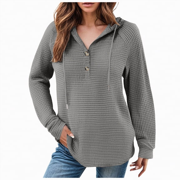 Towmus Women's Hoodie Oversized Waffle Knit Tops Henley Casual Shirts Long Sleeve Button V Neck Solid Color Casual Tunic Sweatshirt S-5XL