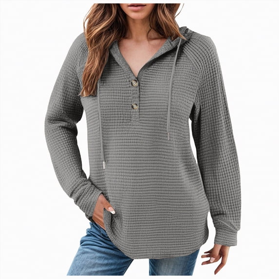 Towmus Women's Hoodie Oversized Waffle Knit Tops Henley Casual Shirts Long Sleeve Button V Neck Solid Color Casual Tunic Sweatshirt S-5XL
