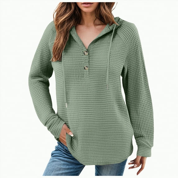 Towmus Women's Hoodie Oversized Waffle Knit Tops Henley Casual Shirts Long Sleeve Button V Neck Solid Color Casual Tunic Sweatshirt S-5XL
