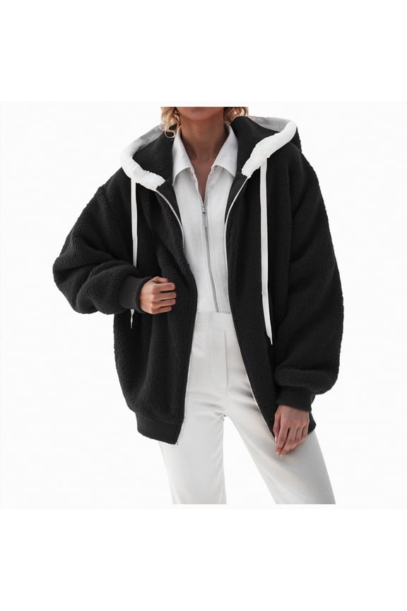 Women's Jacket Plush Teddy Bear Hoodies with Ear Hood Long Sleeve Front Zipper Pocket Casual Coat Soft Warm Winter Fleece Outerwear Tops