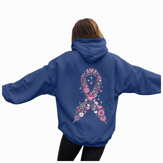 Towmus Women's Letter Graphic Print Pink Ribbon Montage Cancer Word Cloud Hoodie Sweatshirts