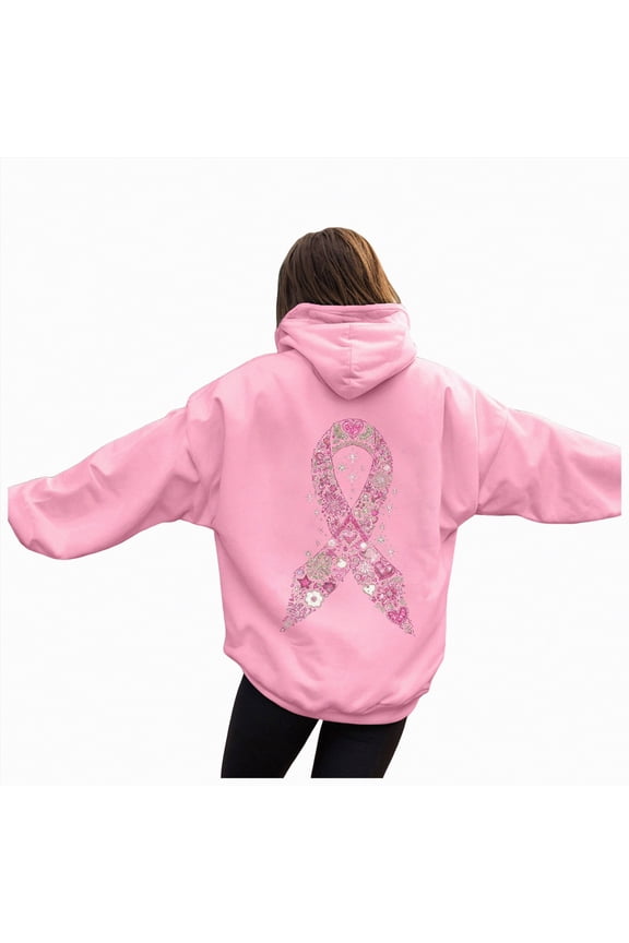 Women's Letter Graphic Print Pink Ribbon Montage Cancer Word Cloud Hoodie Sweatshirts