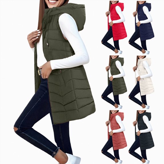 Towmus Women's Long Down Vest Sleeveless Hooded Jacket Oversized Winter Warm Casual Full-Zip Coats Outdoor Lightweight Puffer Quilted Vests L-6XL
