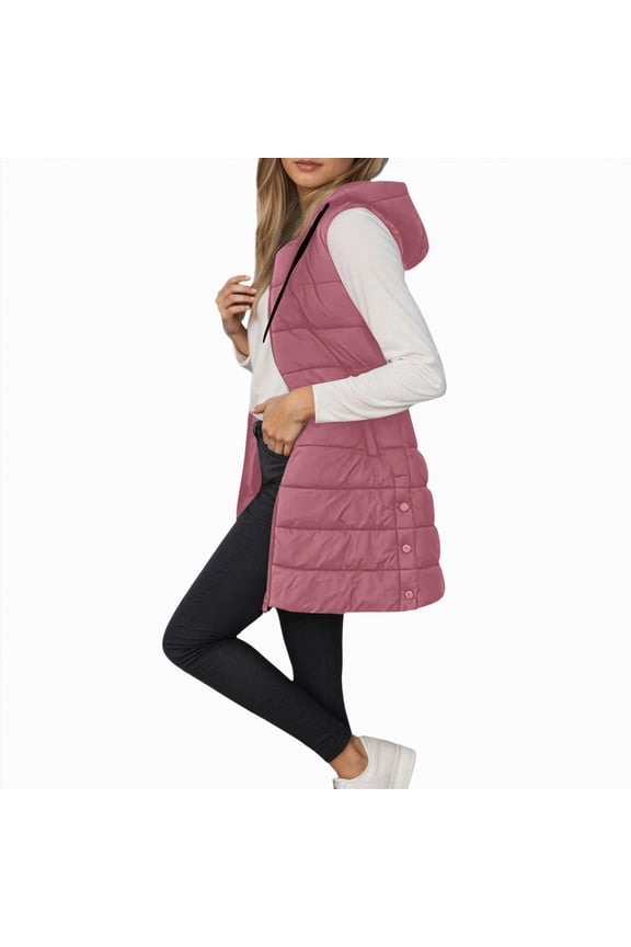 Women's Long Puffer Vests Hoodies, Winter Quilted Zip Up Sleeveless Jackets, Casual Warm Zip Up Front Fall Tops, Stand Collar Fleece Coats with Pockets