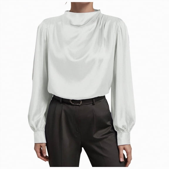 Towmus Women's Long Sleeve Business Casual Tops Dressy Silk Satin Blouse Pleated Neck Shirts Office Work
