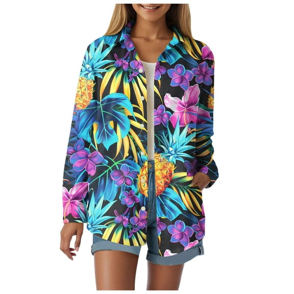 Towmus Women's Long Sleeve Oversized Button Down Shirt Long Sleeve Fall Cardigan Shirt, Beach Fruit Print