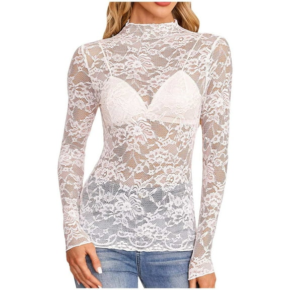Towmus Women's Mesh Top Long Sleeve Neck Sheer Blouse See Through Floral Lace Tops Casual Shirts