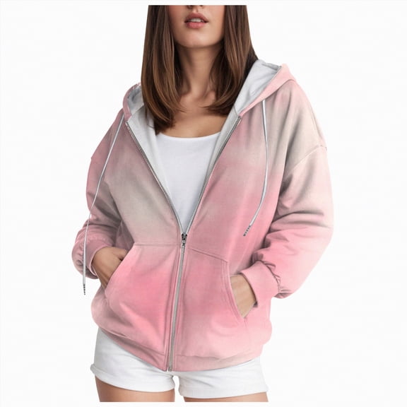 Towmus Women's Novelty Print Zip Up Hoodies Drawstring Gradient Hooded Sweatshirt Long Sleeve Cute Tops With Pocket XS-6XL